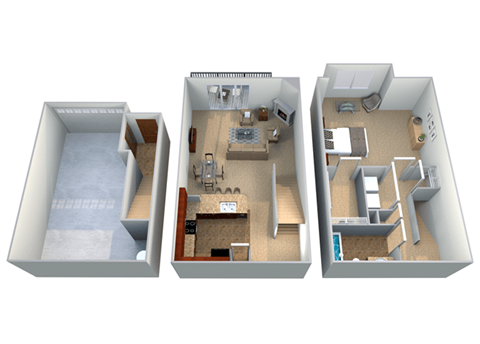 Three different layouts of a small apartment are shown.
